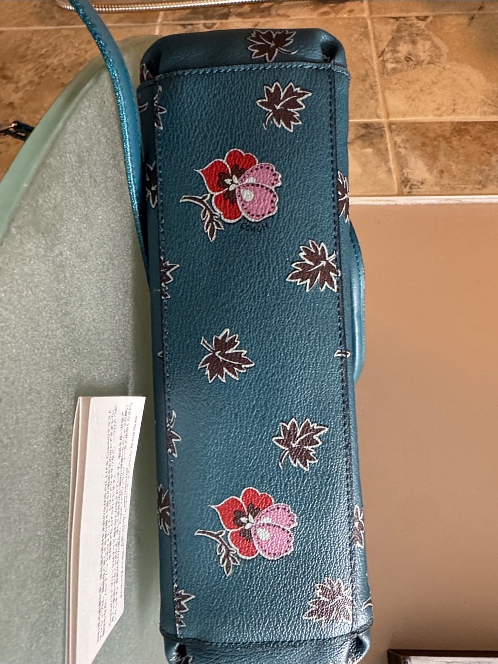 Coach Teal Floral Leather Shoulder Bag with Brown Strap Accent - Picture 8 of 10